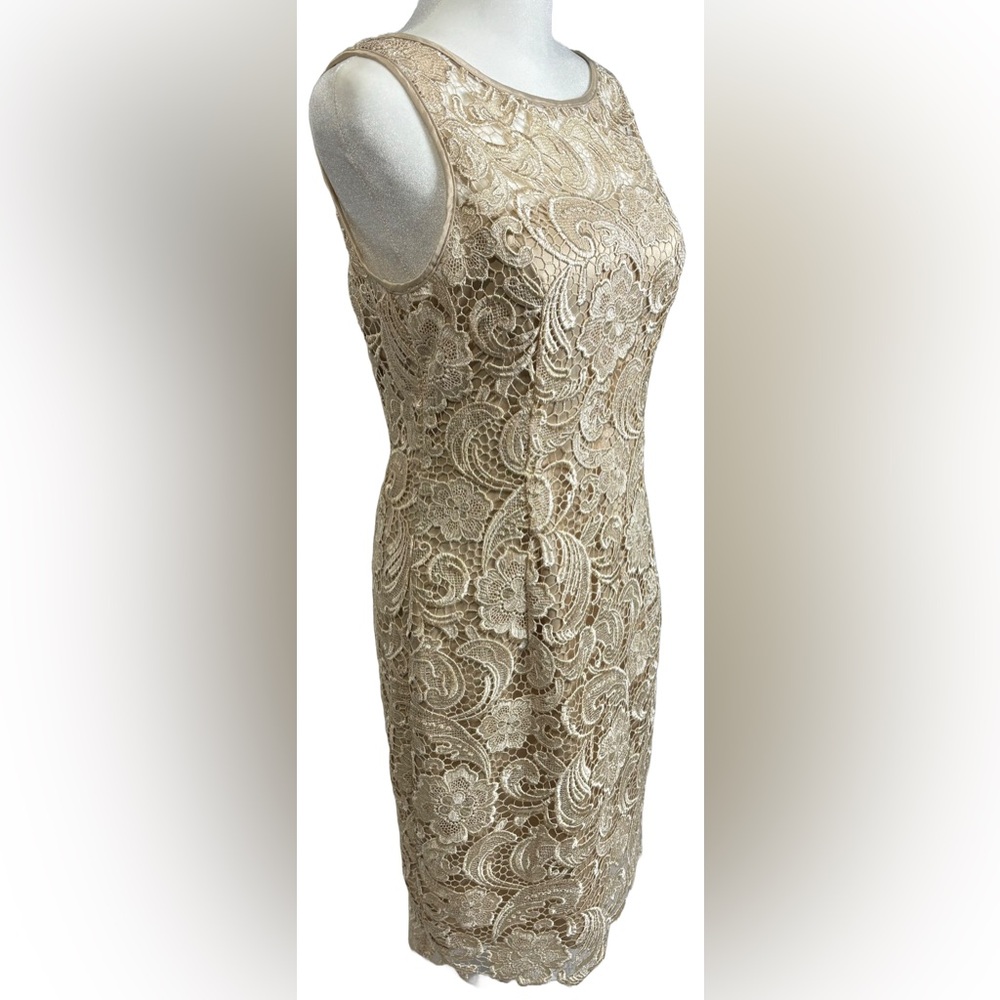 Adrianna Papell Beige Illusion Bodice Lace Sheath Dress - Picture 2 of 8